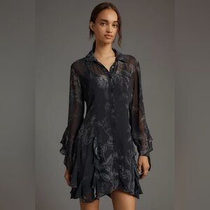 Anthropologie Sheer Floral Mini Dress Black Long Sleeve Romantic Size M